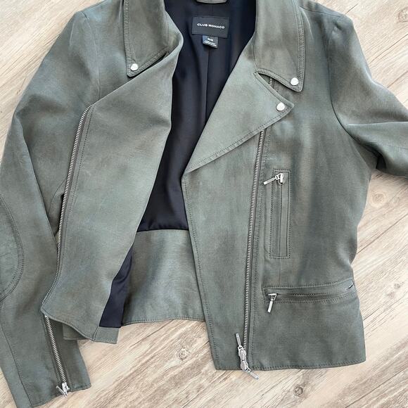 Club Monaco Women’s Kapri Moto Biker Jacket Olive Green Cropped Zip Front Size M - Picture 9 of 13